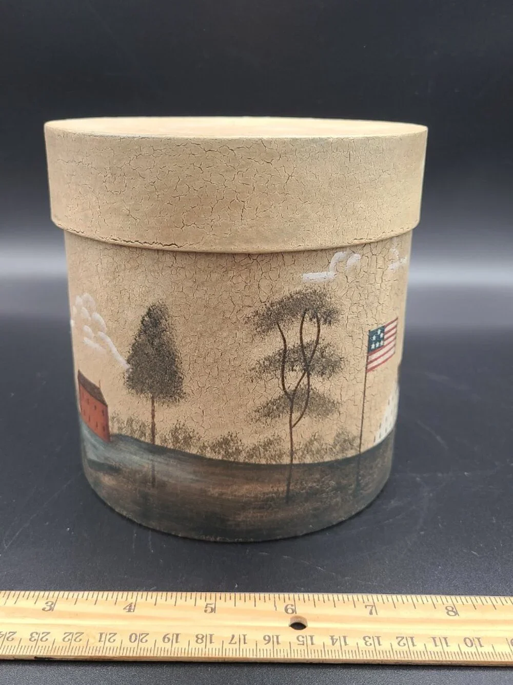 Crazy Mountain Canister School House American flag with tag 5.75